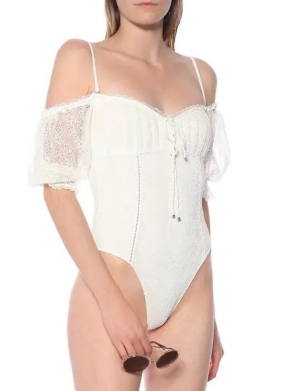 SIMKHAI Jonathan Simkhai Ivory Lace Off-Shoulder One-Piece Swimsuit Size L​